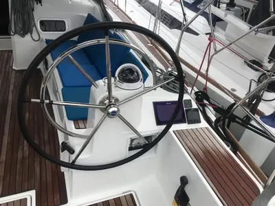 Cockpit of Alboran Grappa, a Jeanneau Sun Odyssey 519 sailboat at es Jonquet, Spain