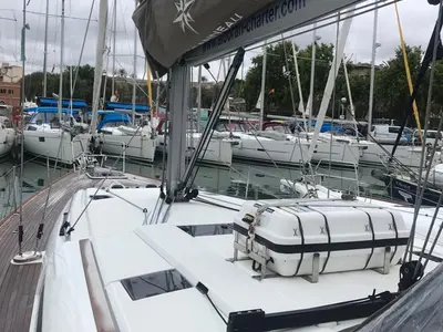 Deck of Alboran Grappa, a Jeanneau Sun Odyssey 519 sailboat at es Jonquet, Spain