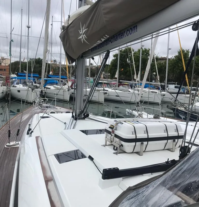 Deck of Alboran Grappa, a Jeanneau Sun Odyssey 519 sailboat at es Jonquet, Spain