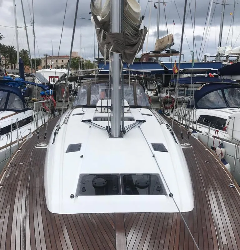 Deck of Alboran Grappa, a Jeanneau Sun Odyssey 519 sailboat at es Jonquet, Spain