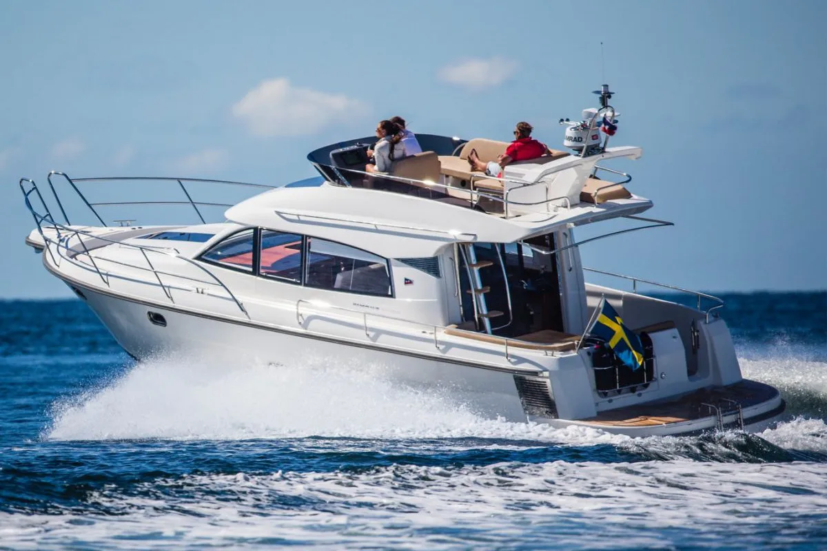 Exterior view of Greg, a Nimbus 405 Flybridge motor yacht at Pirovac, Croatia