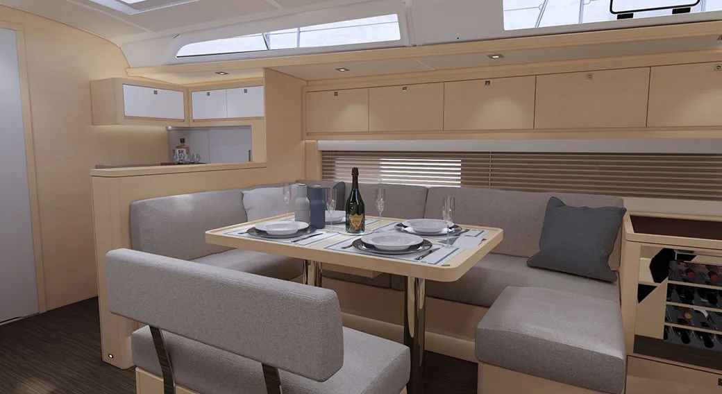 Salon of AQUA AZZURRO, a Dufour 470 sailboat at Kos, Greece