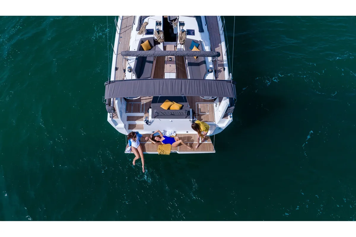Exterior view of AQUA AZZURRO, a Dufour 470 sailboat at Kos, Greece