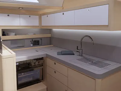 Galley of AQUA AZZURRO, a Dufour 470 sailboat at Kos, Greece