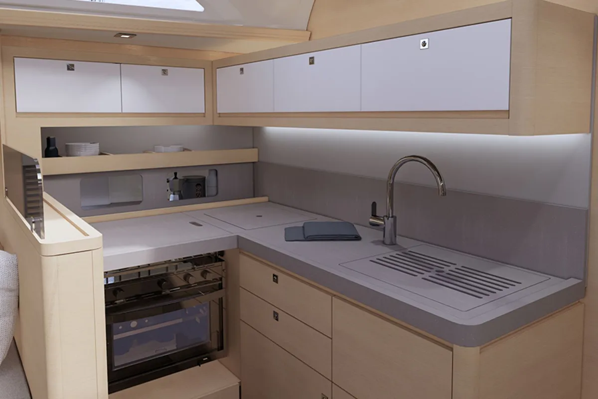 Galley of AQUA AZZURRO, a Dufour 470 sailboat at Kos, Greece