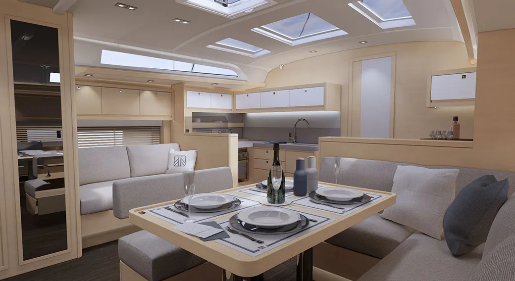 Salon of AQUA AZZURRO, a Dufour 470 sailboat at Kos, Greece