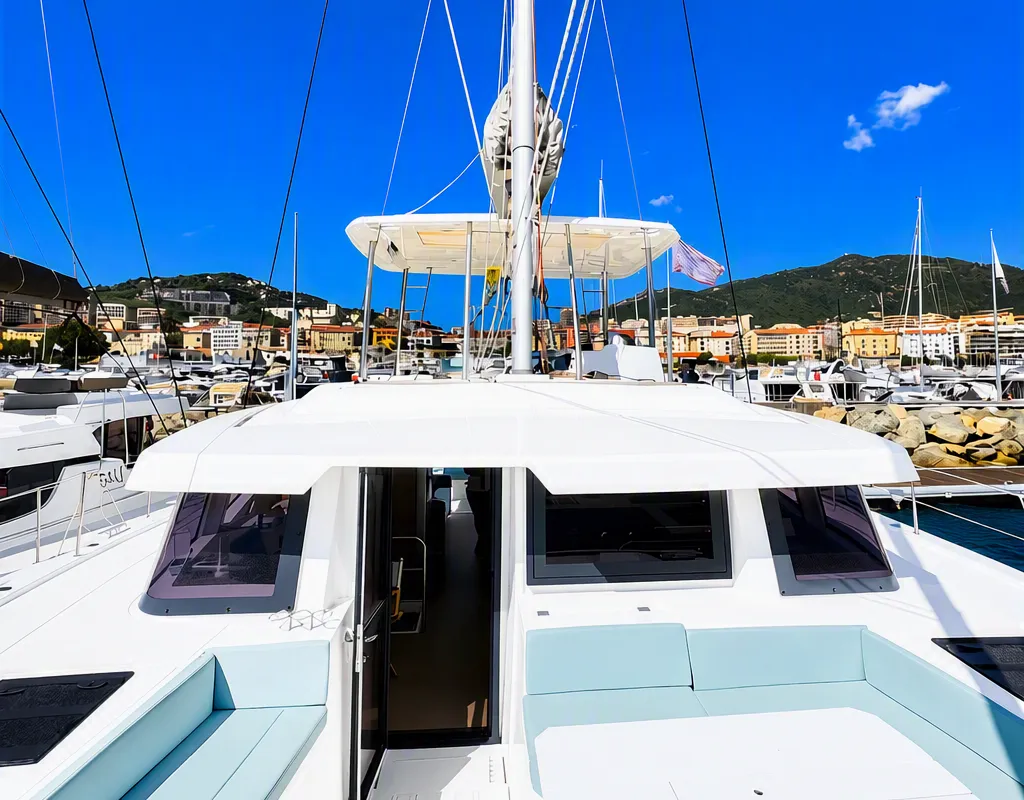 Deck of Oceanic 10, a Bali 4.6 - 4 cab. OW catamaran at Ajaccio, France