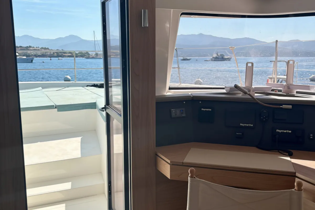 Cockpit of Oceanic 10, a Bali 4.6 - 4 cab. OW catamaran at Ajaccio, France