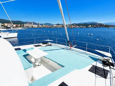 Deck of Oceanic 10, a Bali 4.6 - 4 cab. OW catamaran at Ajaccio, France