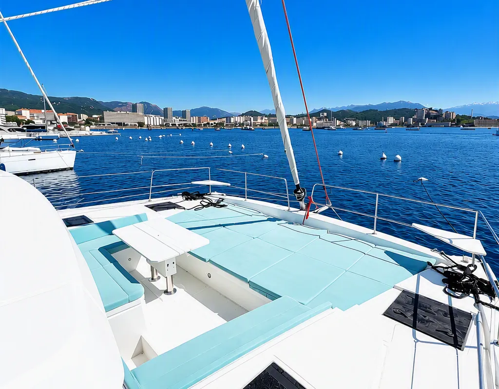 Deck of Oceanic 10, a Bali 4.6 - 4 cab. OW catamaran at Ajaccio, France