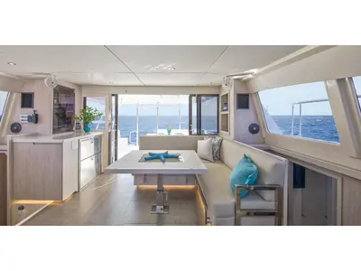 Salon of Aquaholic, a Leopard 434 PC catamaran at Preveza, Greece