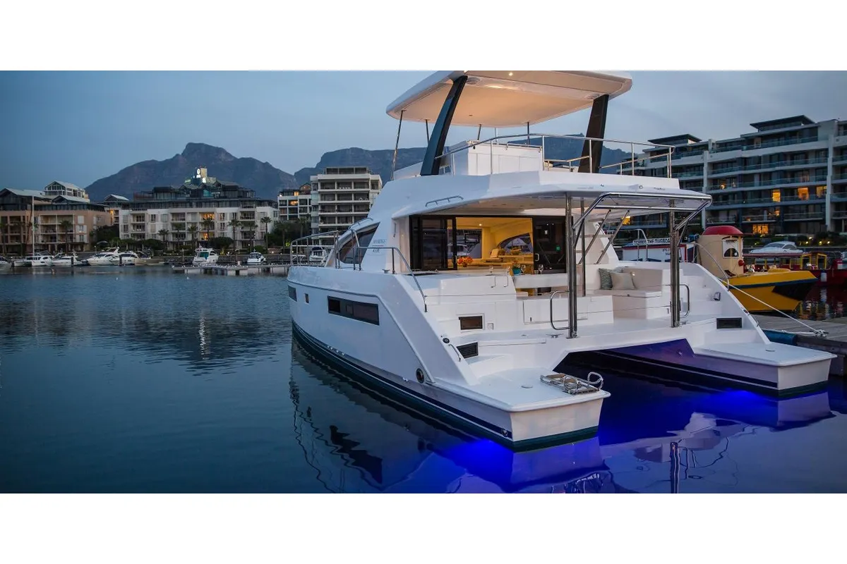 Exterior view of Aquaholic, a Leopard 434 PC catamaran at Preveza, Greece