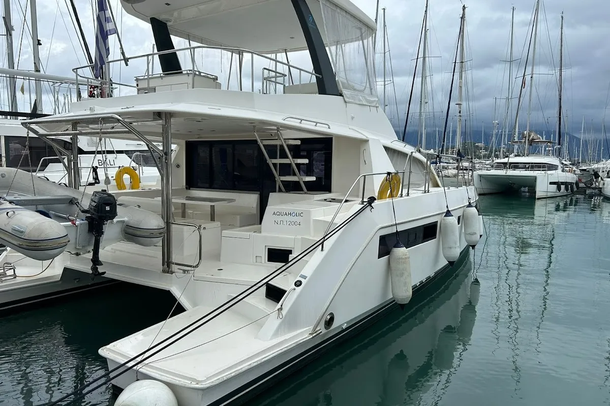 Exterior view of Aquaholic, a Leopard 434 PC catamaran at Preveza, Greece