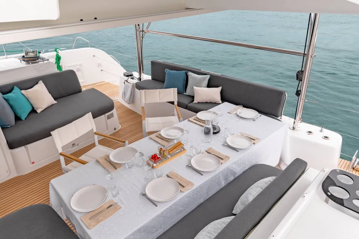 Deck of Cari, a Lagoon 46 catamaran at Roche Caiman, Seychelles