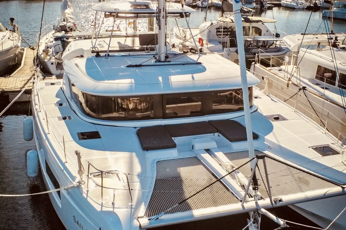 Exterior view of Cari, a Lagoon 46 catamaran at Roche Caiman, Seychelles