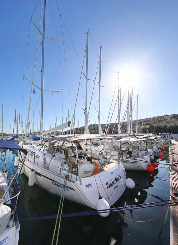 Exterior view of Viribus Unitis, a Bavaria Cruiser 46 sailboat at Grad Pula, Croatia