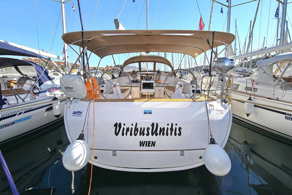 Exterior view of Viribus Unitis, a Bavaria Cruiser 46 sailboat at Grad Pula, Croatia