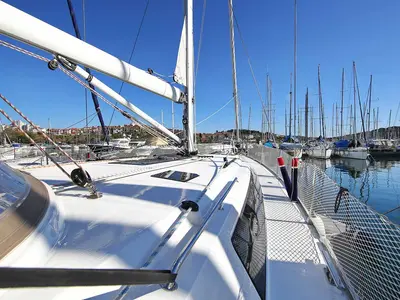 Deck of Viribus Unitis, a Bavaria Cruiser 46 sailboat at Grad Pula, Croatia