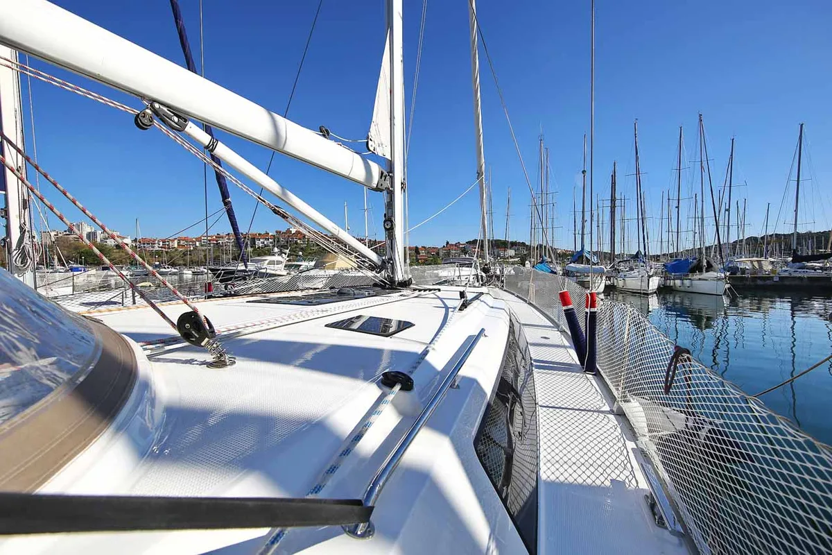 Deck of Viribus Unitis, a Bavaria Cruiser 46 sailboat at Grad Pula, Croatia