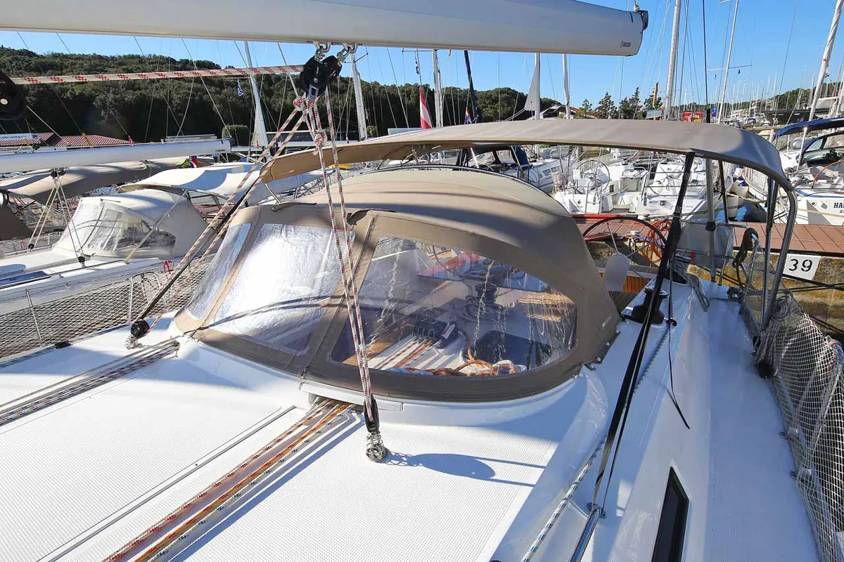 Deck of Viribus Unitis, a Bavaria Cruiser 46 sailboat at Grad Pula, Croatia