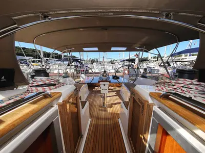 Cockpit of Viribus Unitis, a Bavaria Cruiser 46 sailboat at Grad Pula, Croatia