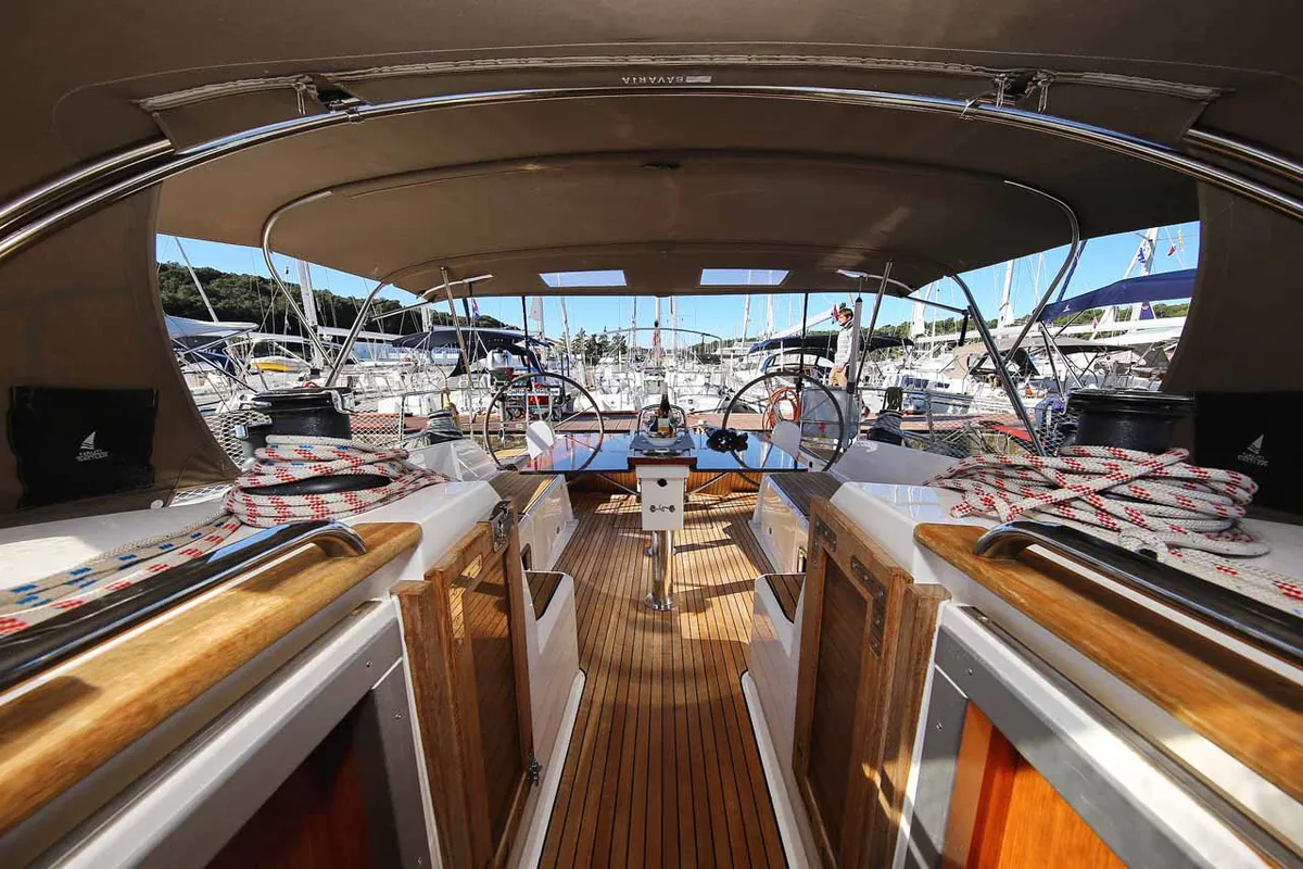 Cockpit of Viribus Unitis, a Bavaria Cruiser 46 sailboat at Grad Pula, Croatia