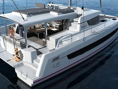 Exterior view of Mayflower, a Bali 4.6 catamaran at Fethiye, Turkey
