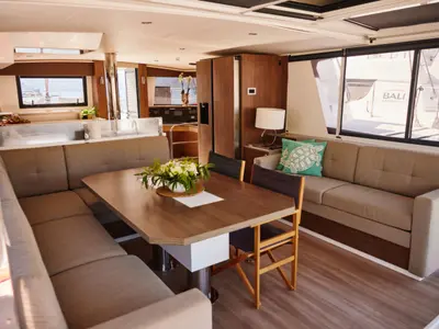 Salon of Scorpio, a Bali 4.6 catamaran at Marmaris, Turkey