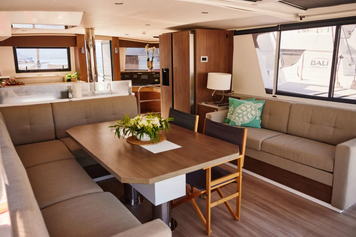 Salon of Scorpio, a Bali 4.6 catamaran at Marmaris, Turkey