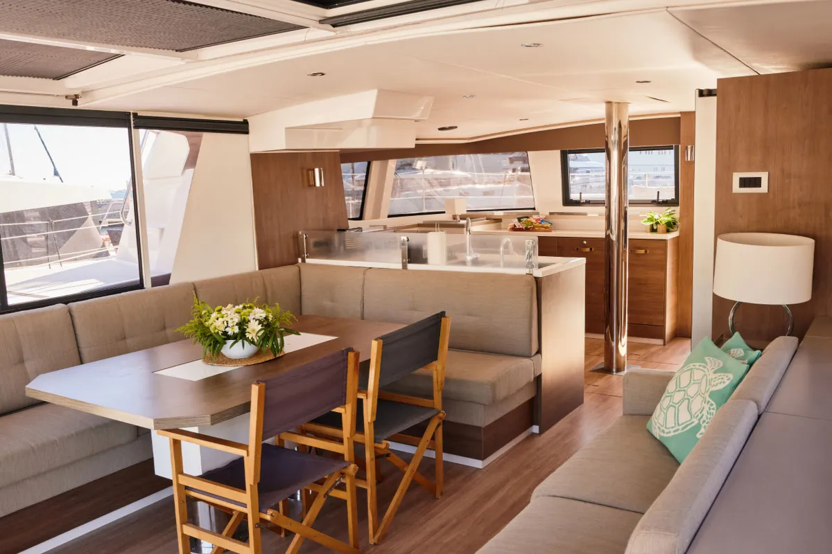 Salon of Scorpio, a Bali 4.6 catamaran at Marmaris, Turkey