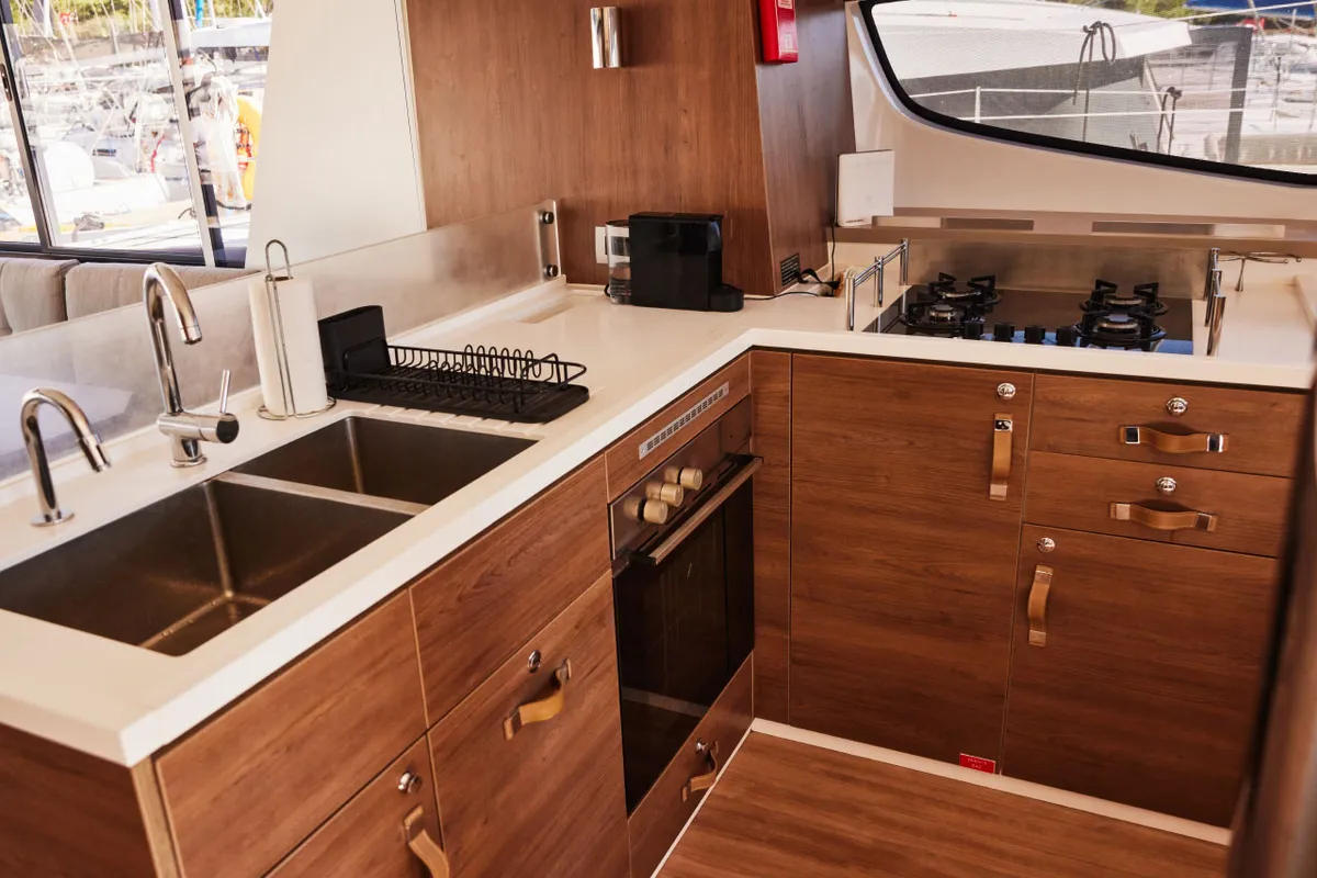 Galley of Scorpio, a Bali 4.6 catamaran at Marmaris, Turkey