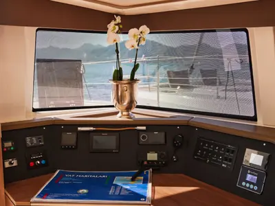 Cockpit of Scorpio, a Bali 4.6 catamaran at Marmaris, Turkey