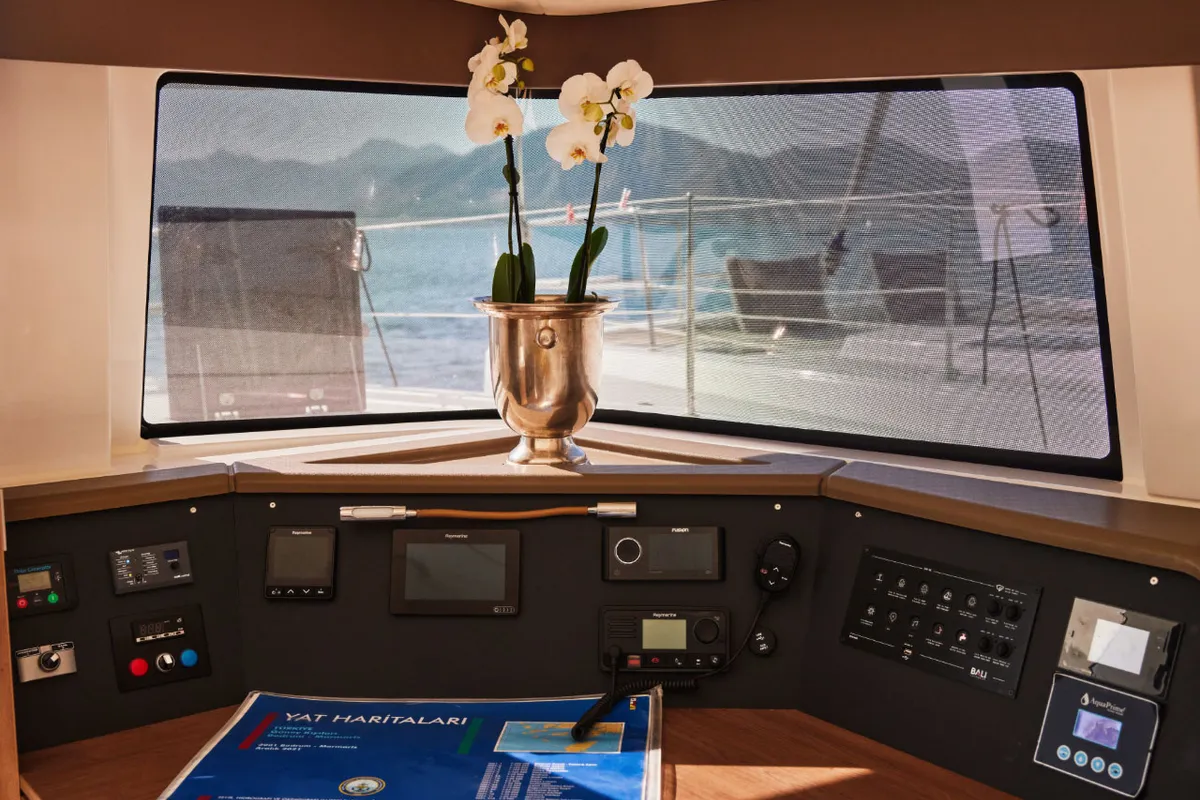 Cockpit of Scorpio, a Bali 4.6 catamaran at Marmaris, Turkey