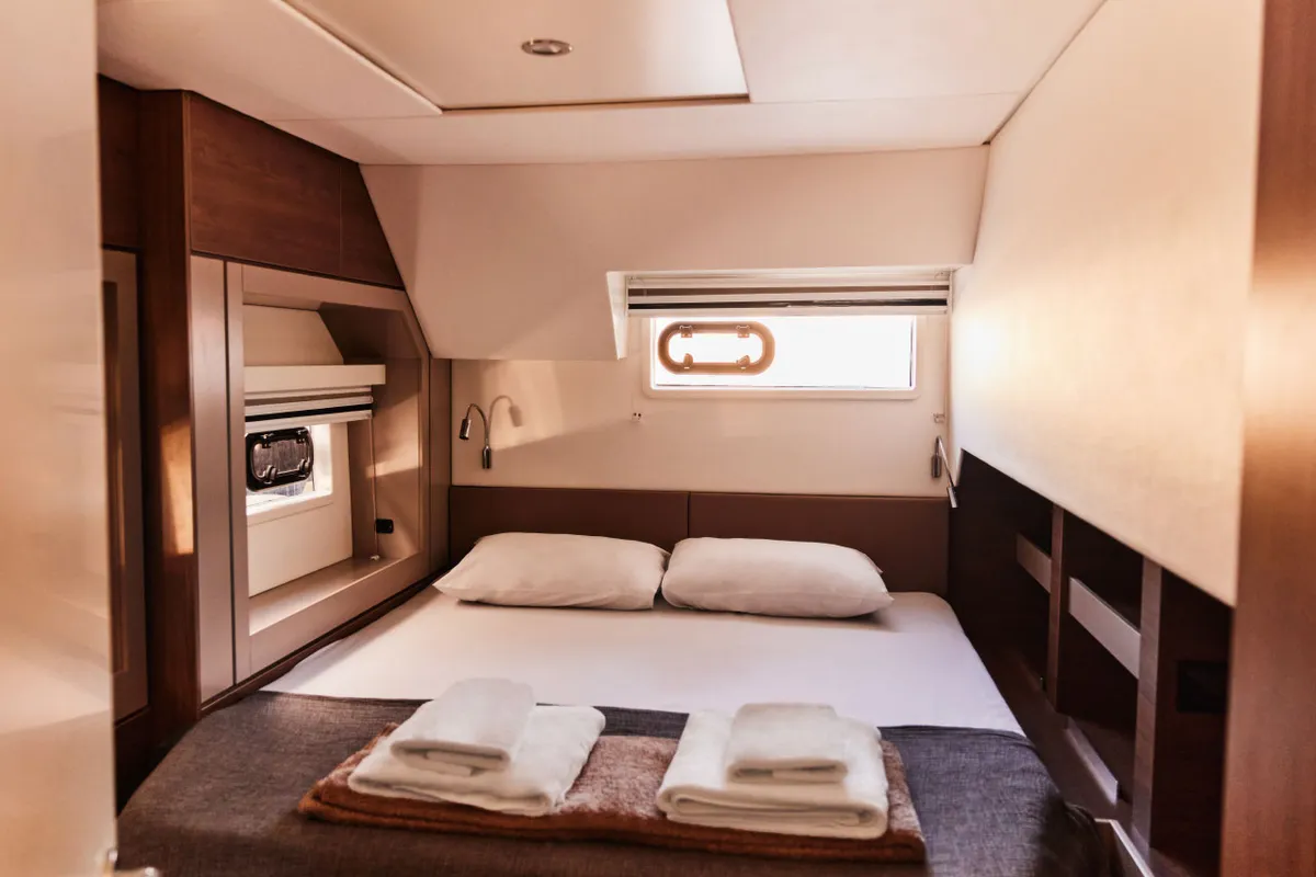 Cabin on Scorpio, a Bali 4.6 catamaran at Marmaris, Turkey