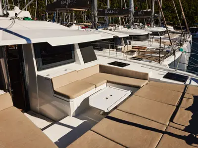 Deck of Scorpio, a Bali 4.6 catamaran at Marmaris, Turkey