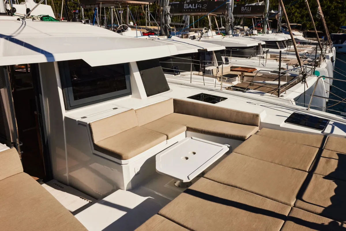Deck of Scorpio, a Bali 4.6 catamaran at Marmaris, Turkey