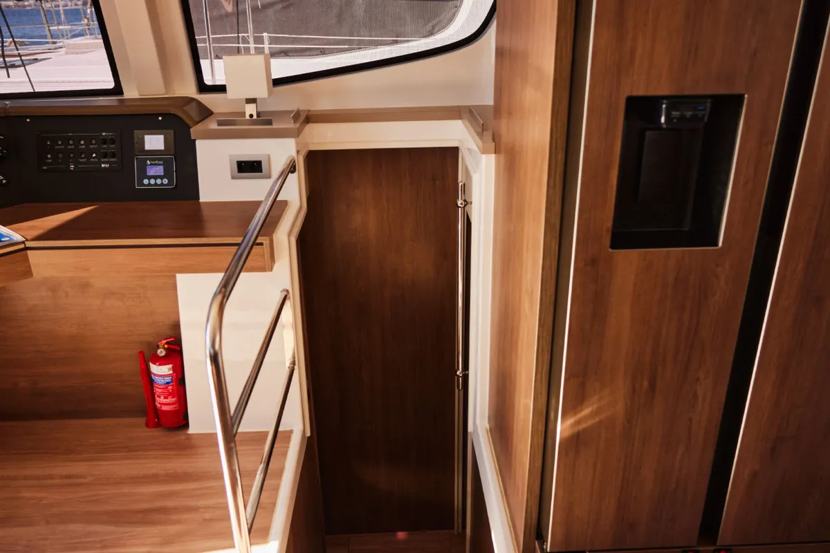 Salon of Scorpio, a Bali 4.6 catamaran at Marmaris, Turkey