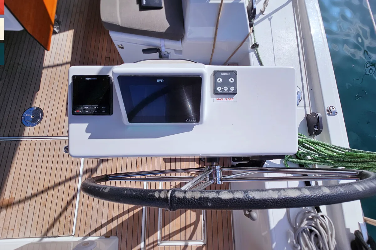 Cockpit of Rondo, a Dufour 530 sailboat at Kaštela, Croatia