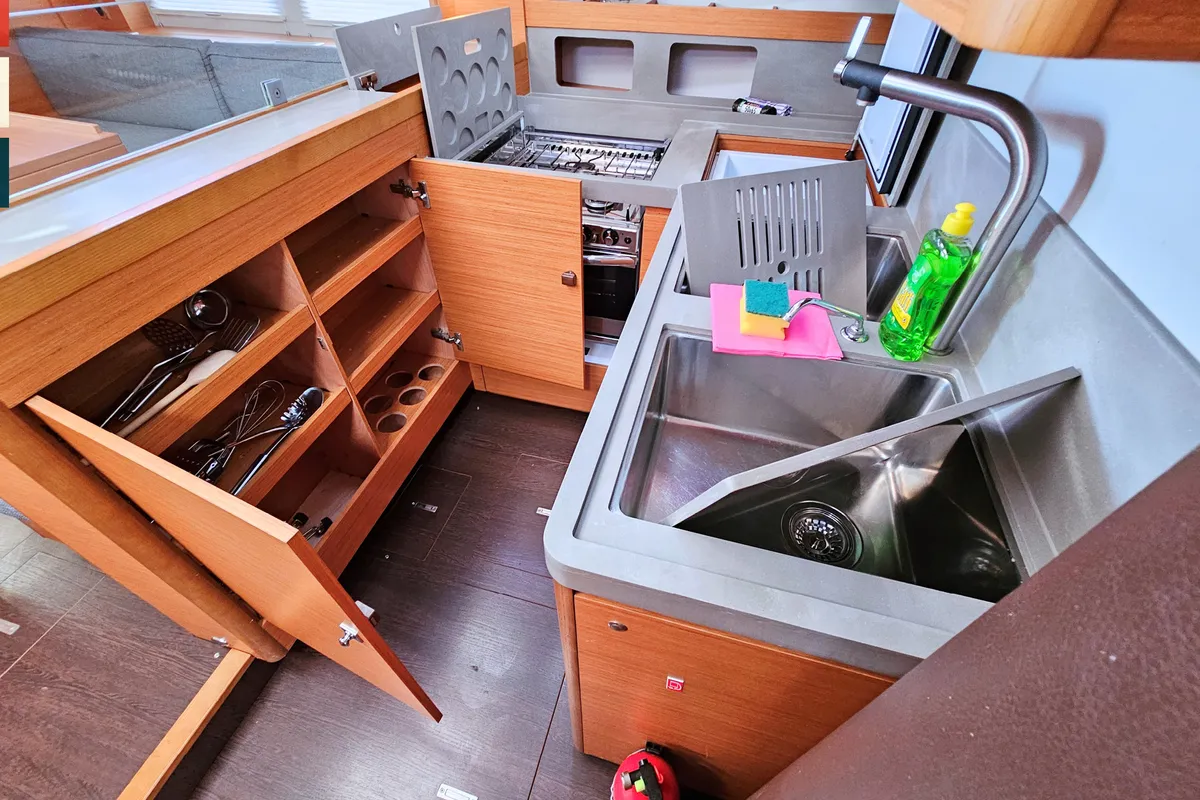 Galley of Rondo, a Dufour 530 sailboat at Kaštela, Croatia