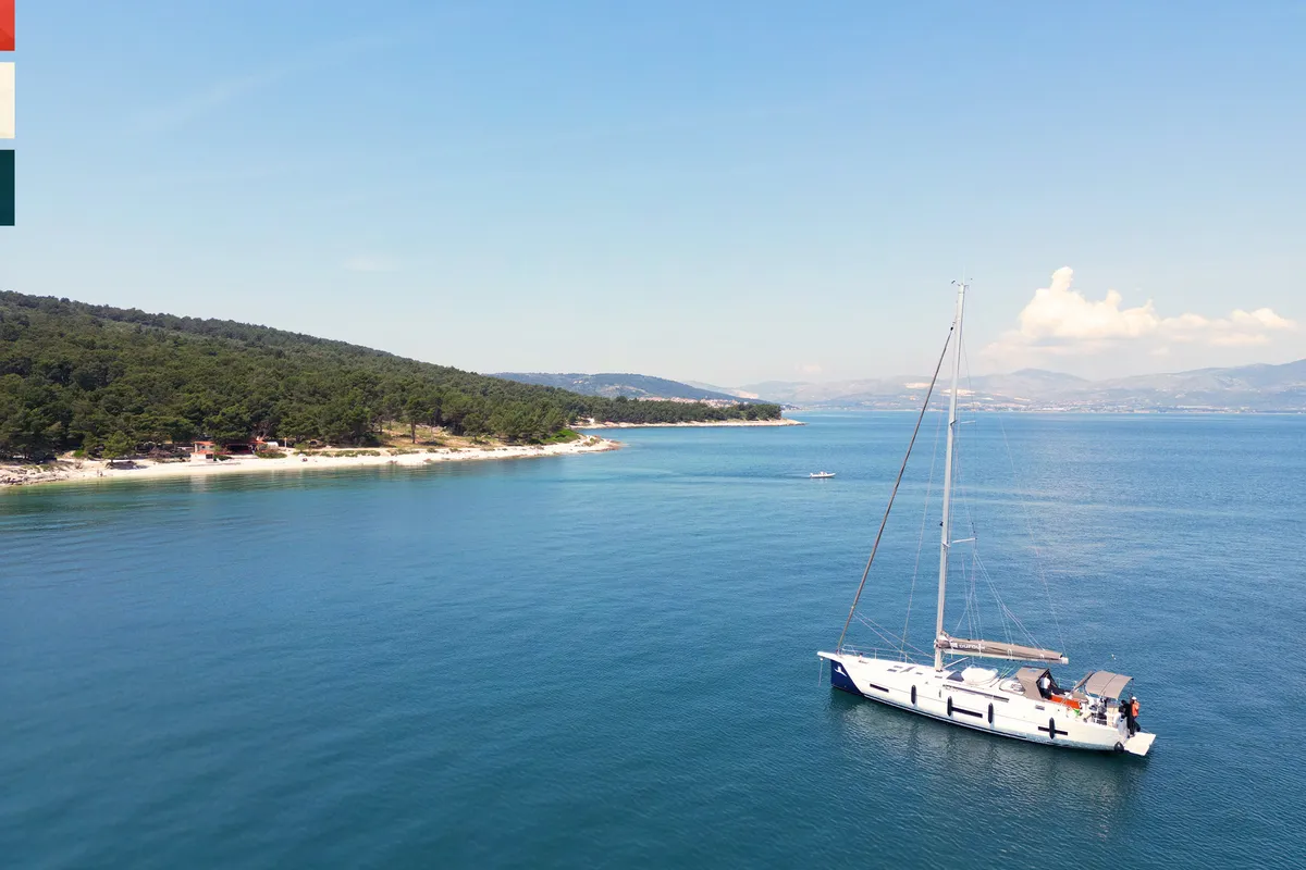Exterior view of Rondo, a Dufour 530 sailboat at Kaštela, Croatia