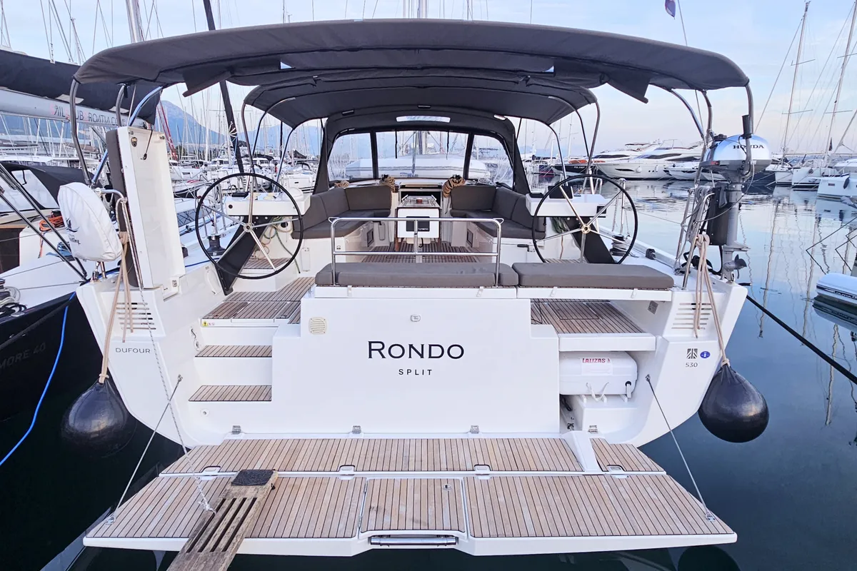 Exterior view of Rondo, a Dufour 530 sailboat at Kaštela, Croatia