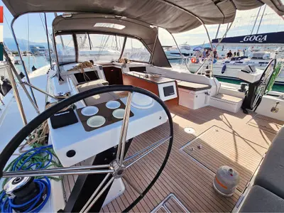 Cockpit of Rondo, a Dufour 530 sailboat at Kaštela, Croatia