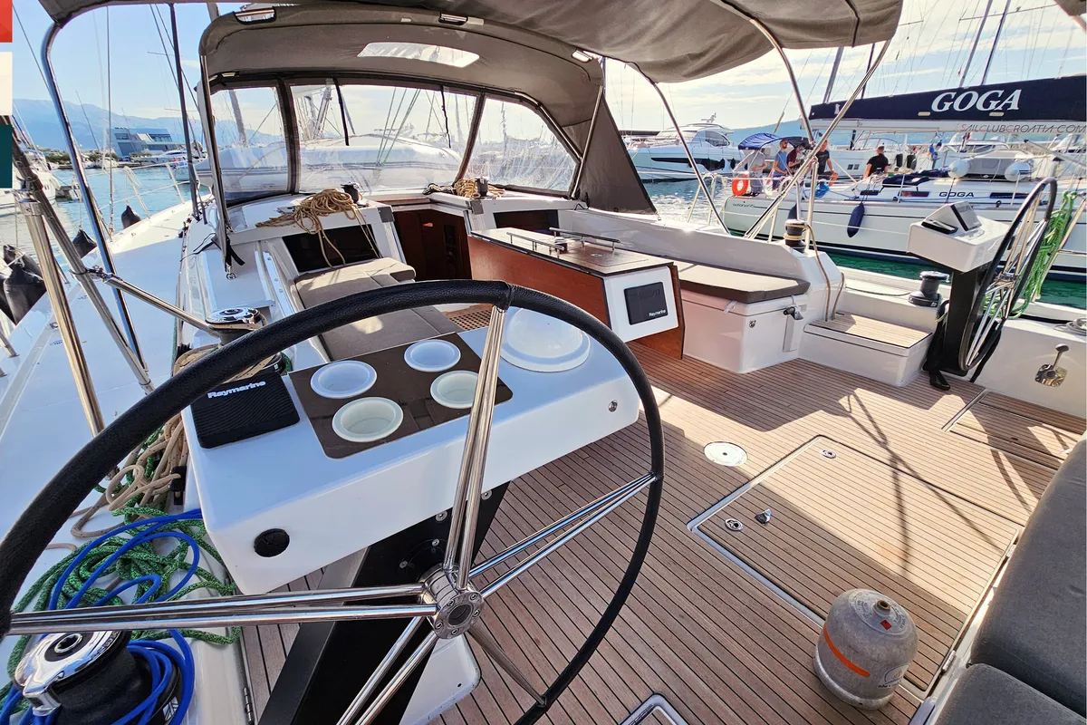 Cockpit of Rondo, a Dufour 530 sailboat at Kaštela, Croatia