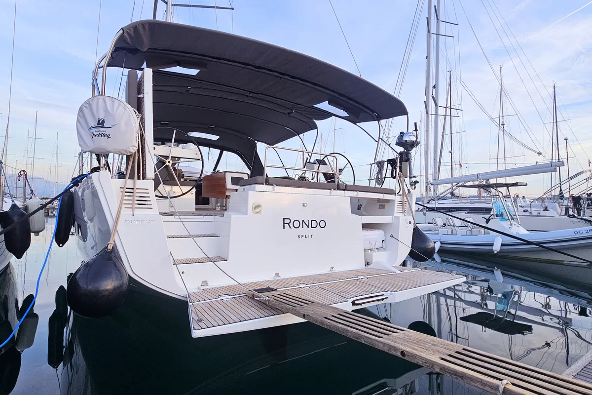 Exterior view of Rondo, a Dufour 530 sailboat at Kaštela, Croatia