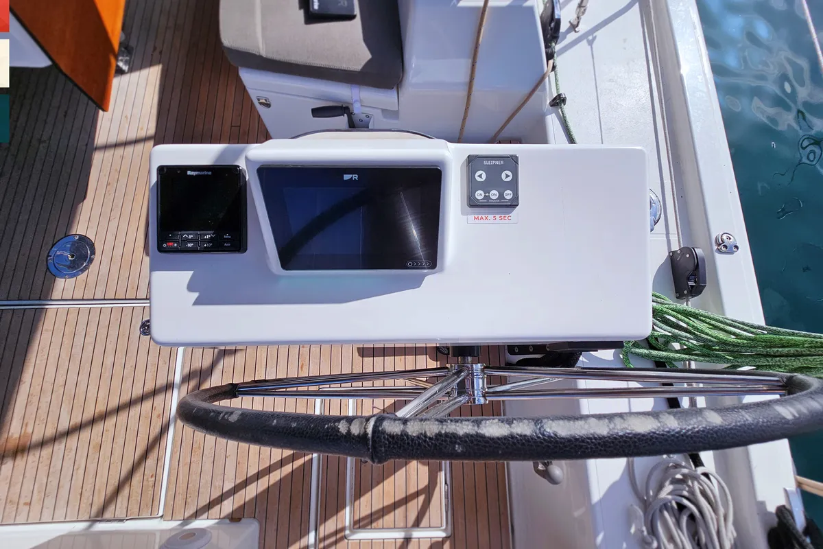 Cockpit of Rondo, a Dufour 530 sailboat at Kaštela, Croatia