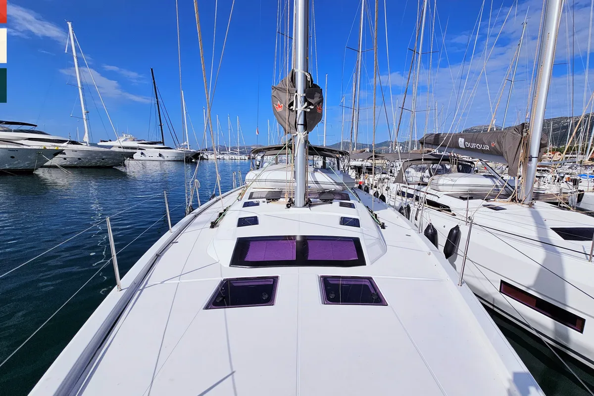 Deck of Rondo, a Dufour 530 sailboat at Kaštela, Croatia