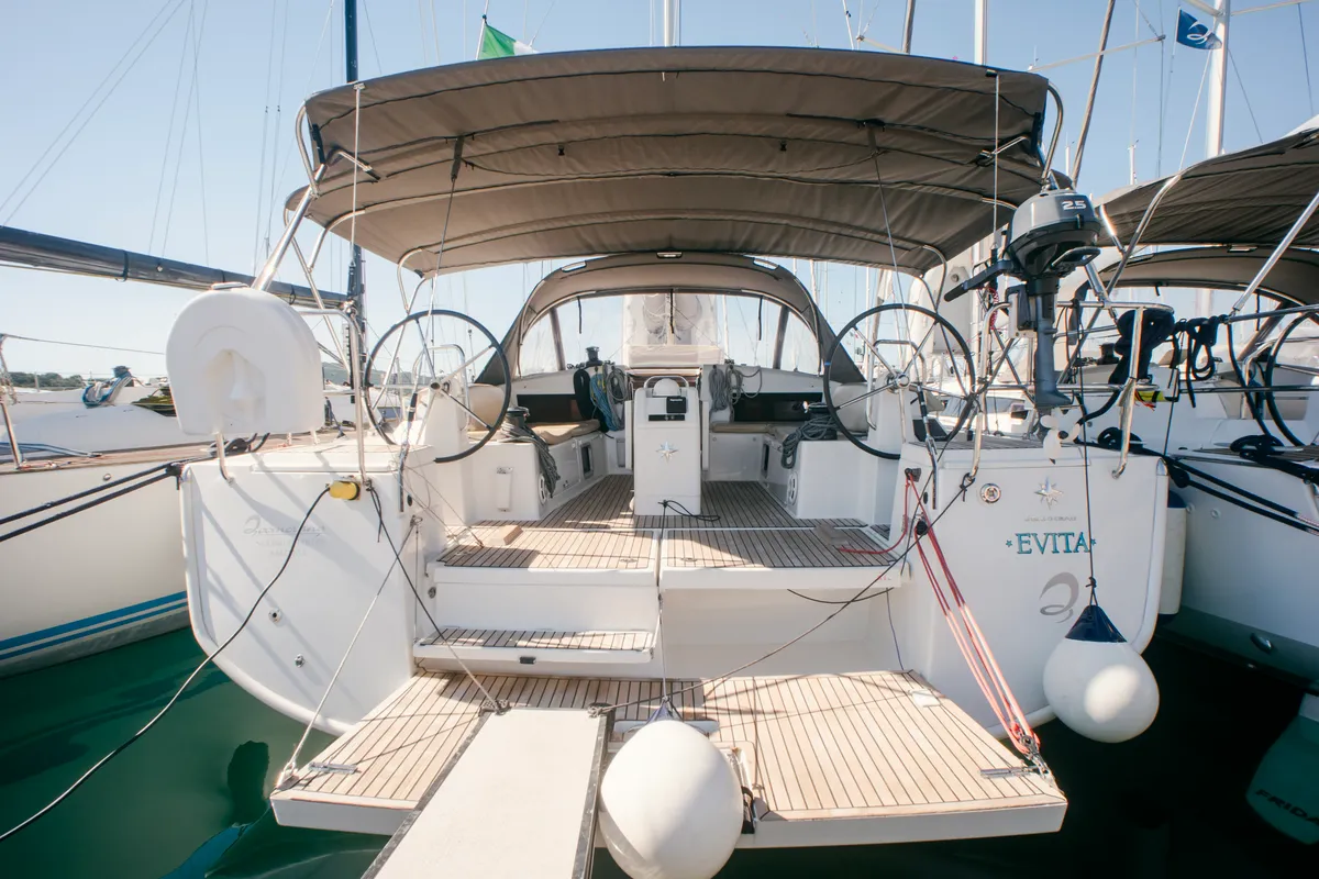 Exterior view of Evita, a Jeanneau Sun Odyssey 490 sailboat at Olbia, Italy