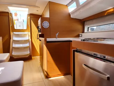Galley of Evita, a Jeanneau Sun Odyssey 490 sailboat at Olbia, Italy