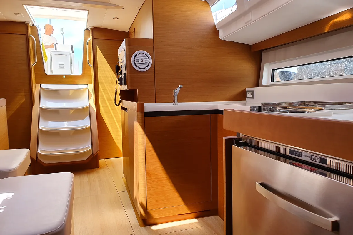 Galley of Evita, a Jeanneau Sun Odyssey 490 sailboat at Olbia, Italy