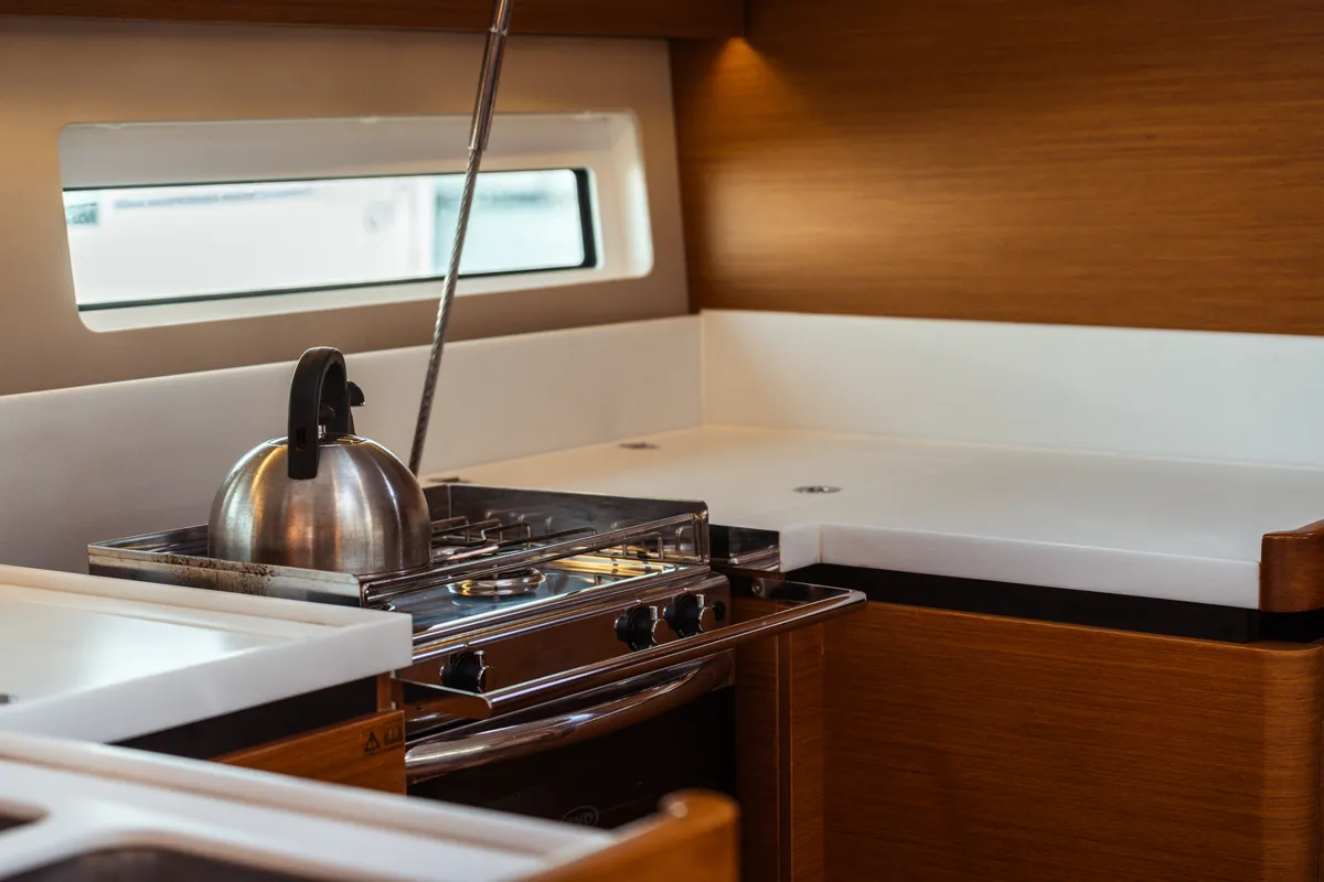 Galley of Evita, a Jeanneau Sun Odyssey 490 sailboat at Olbia, Italy